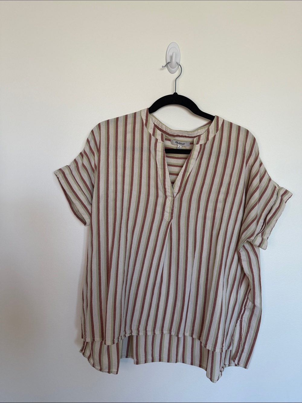 Madewell Cream & Brown Striped Split V-Neck